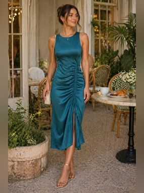 House of Harlow 1960 Teal Satin Ruched Midi Dress XS Side Tie Elegant Slip Dress
